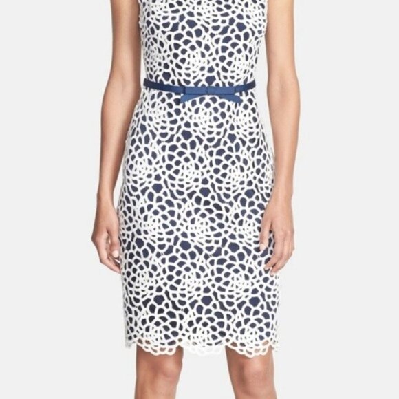 Tadashi Shoji White Overlay Navy Blue Sleeveless Sheath Dress Wedding Guest 10 - Picture 3 of 10